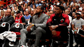 MIAMI, FL - OCTOBER 27: James Johnson #16, Udonis Haslem #40 of the Miami Heat looks on against the Portland Trail Blazers on October 27, 2018 at American Airlines Arena in Miami, Florida. NOTE TO USER: User expressly acknowledges and agrees that, by downloading and or using this Photograph, user is consenting to the terms and conditions of the Getty Images License Agreement. Mandatory Copyright Notice: Copyright 2018 NBAE (Photo by Issac Baldizon/NBAE via Getty Images)