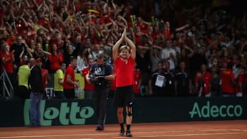 BRUSSELS, BELGIUM - SEPTEMBER 17: David Goffin of Belgium celebrates defeating Nick Kyrgios of Australia in the fourth set during day three of the Davis Cup World Group semi final match between Belgium and Australia at Palais 12 on September 17, 2017 in Brussels, Belgium. (Photo by Julian Finney/Getty Images)