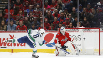 Brock Boeser, Braden Holtby, Washington Capitals Mandatory Credit: Geoff Burke-USA TODAY Sports