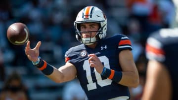 Auburn football quarterback Bo Nix (10) during warm ups before the Auburn Tigers take on Georgia Bulldogs at Jordan-Hare Stadium in Auburn, Ala., on Saturday, Oct. 9, 2021.