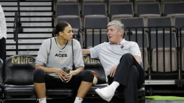 LAS VEGAS, NV - MAY 24: Liz Cambage #8 of the Las Vegas Aces and Bill Laimbeer of the Las Vegas Aces speak during a practice on May 24, 2019 at the Mandalay Bay Events Center in Las Vegas, Nevada. NOTE TO USER: User expressly acknowledges and agrees that, by downloading and or using this photograph, User is consenting to the terms and conditions of the Getty Images License Agreement. Mandatory Copyright Notice: Copyright 2019 NBAE (Photo by Isaac Brekken/NBAE via Getty Images)