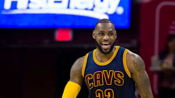 CLEVELAND, OH - NOVEMBER 03: LeBron James #23 of the Cleveland Cavaliers laughs with teammates on the court during the first half against the Boston Celtics at Quicken Loans Arena on November 3, 2016 in Cleveland, Ohio. NOTE TO USER: User expressly acknowledges and agrees that, by downloading and/or using this photograph, user is consenting to the terms and conditions of the Getty Images License Agreement. Mandatory copyright notice. (Photo by Jason Miller/Getty Images)