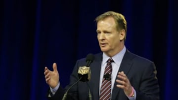 Feb 5, 2016; San Francisco, CA, USA; NFL commissioner Roger Goodell speaks during a press conference at Moscone Center in advance of Super Bowl 50 between the Carolina Panthers and the Denver Broncos. Mandatory Credit: Matthew Emmons-USA TODAY Sports