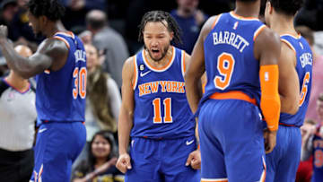 INDIANAPOLIS, INDIANA - DECEMBER 18: Jalen Brunson #11 of the New York Knicks celebrates after 109-106 win over the Indiana Pacers at Gainbridge Fieldhouse on December 18, 2022 in Indianapolis, Indiana. NOTE TO USER: User expressly acknowledges and agrees that, by downloading and/or using this photograph, User is consenting to the terms and conditions of the Getty Images License Agreement. (Photo by Andy Lyons/Getty Images)