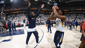 SALT LAKE CITY, UT - APRIL 23: Donovan Mitchell #45 of the Utah Jazz warms up prior to Game Four of Round One of the 2018 NBA Playoffs against the Oklahoma City Thunder on April 23, 2018 at vivint.SmartHome Arena in Salt Lake City, Utah. NOTE TO USER: User expressly acknowledges and agrees that, by downloading and or using this Photograph, User is consenting to the terms and conditions of the Getty Images License Agreement. Mandatory Copyright Notice: Copyright 2018 NBAE (Photo by Melissa Majchrzak/NBAE via Getty Images)