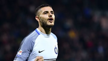 Inter Milan's Argentinian forward Mauro Icardi celebrates after scoring a goal during the Italian Serie A football match between Cagliari and Inter Milan on November 25, 2017 at the Sardegna stadium in Cagliari. / AFP PHOTO / ALBERTO PIZZOLI (Photo credit should read ALBERTO PIZZOLI/AFP/Getty Images)