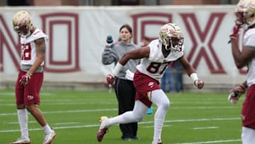 Tight end Camren McDonald (87) runs during Florida State University football's first spring practice Monday, March 4, 2019.030419 Ts 350