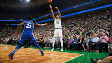 BOSTON, MA - May 3: Al Horford #42 of the Boston Celtics shoots the ball against the Philadelphia 76ers in Game Two of Round Two of the 2018 NBA Playoffs on May 3, 2018 at the TD Garden in Boston, Massachusetts. NOTE TO USER: User expressly acknowledges and agrees that, by downloading and or using this photograph, User is consenting to the terms and conditions of the Getty Images License Agreement. Mandatory Copyright Notice: Copyright 2018 NBAE (Photo by Brian Babineau/NBAE via Getty Images)