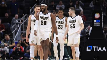 INDIANAPOLIS, INDIANA - MARCH 12: The Purdue Boilermakers on the court after a time out in the game against the Michigan State Spartans during the second half during the Big Ten Championship at Gainbridge Fieldhouse on March 12, 2022 in Indianapolis, Indiana. (Photo by Justin Casterline/Getty Images)