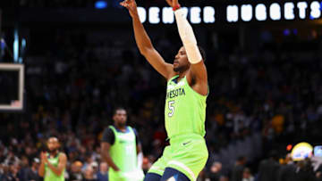 DENVER, CO - FEBRUARY 23: Malik Beasley #5 of the Minnesota Timberwolves points to the crowd before the game against the Denver Nuggets at Pepsi Center on February 23, 2020 in Denver, Colorado. NOTE TO USER: User expressly acknowledges and agrees that, by downloading and or using this photograph, User is consenting to the terms and conditions of the Getty Images License Agreement. (Photo by Justin Tafoya/Getty Images)