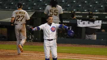 CHICAGO, ILLINOIS - AUGUST 02: Javier Baez #9 of the Chicago Cubs celebrates after his RBI single during the eleventh inning against the Pittsburgh Pirates at Wrigley Field on August 02, 2020 in Chicago, Illinois. (Photo by Nuccio DiNuzzo/Getty Images)