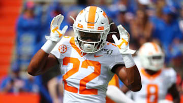 Sep 21, 2019; Gainesville, FL, USA;Tennessee Volunteers defensive back Jaylen McCollough (22) works out prior to the game at Ben Hill Griffin Stadium. Mandatory Credit: Kim Klement-USA TODAY Sports