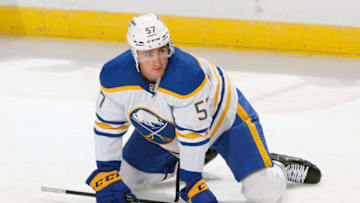 SUNRISE, FL - DECEMBER 2: Brett Murray #57 of the Buffalo Sabres stretches prior to the game against the Florida Panthers at the FLA Live Arena on December 2, 2021 in Sunrise, Florida. (Photo by Joel Auerbach/Getty Images)