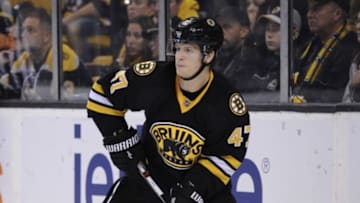 Nov 14, 2015; Boston, MA, USA; Boston Bruins defenseman Torey Krug (47) skates with the puck during the third period against the Detroit Red Wings at TD Garden. Mandatory Credit: Bob DeChiara-USA TODAY Sports