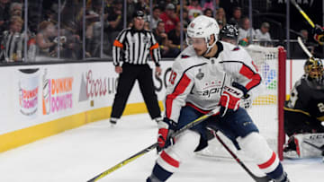 LAS VEGAS, NV - JUNE 07: Jay Beagle #83 of the Washington Capitals carries the puck against the Vegas Golden Knights during the second period in Game Five of the 2018 NHL Stanley Cup Final at T-Mobile Arena on June 7, 2018 in Las Vegas, Nevada. The Capitals defeated the Golden Knights 4-3. (Photo by Harry How/Getty Images)