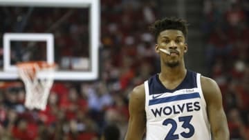HOUSTON, TX - APRIL 25: Jimmy Butler #23 of the Minnesota Timberwolves reacts in the first half during Game Five of the first round of the 2018 NBA Playoffs against the Houston Rockets at Toyota Center on April 25, 2018 in Houston, Texas. NOTE TO USER: User expressly acknowledges and agrees that, by downloading and or using this photograph, User is consenting to the terms and conditions of the Getty Images License Agreement. (Photo by Tim Warner/Getty Images)