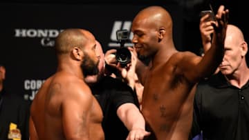ANAHEIM, CA - JULY 28: (L-R) Daniel Cormier and Jon Jones face off during the UFC 214 weigh-in inside the Honda Center on July 28, 2017 in Anaheim, California. (Photo by Josh Hedges/Zuffa LLC/Zuffa LLC via Getty Images)