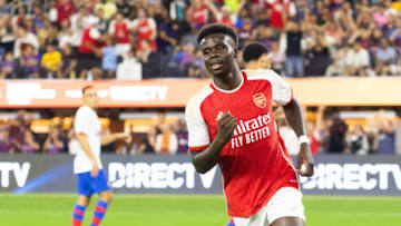 INGLEWOOD, CALIFORNIA - JULY 26: Bukayo Saka of Arsenal celebrates his goal during a game between Barcelona and Arsenal at SoFi Stadium on July 26, 2023 in Inglewood, California. (Photo by Trevor Ruszkowski/ISI Photos/Getty Images)