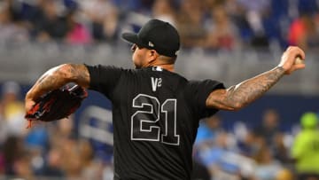 MIAMI, FL - AUGUST 23: Vince Velasquez #21 of the Philadelphia Phillies delivers a pitch in the second inning against the Miami Marlins at Marlins Park on August 23, 2019 in Miami, Florida. Teams are wearing special color schemed uniforms with players choosing nicknames to display for Players' Weekend. (Photo by Mark Brown/Getty Images)
