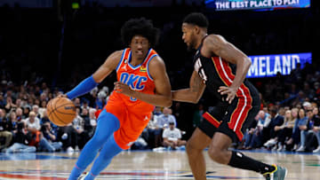 OKC Thunder forward Jalen Williams (8) drives to the basket against Miami Heat forward Haywood Highsmith (24): Alonzo Adams-USA TODAY Sports