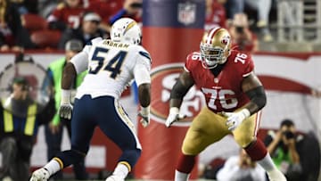 December 20, 2014; Santa Clara, CA, USA; San Francisco 49ers tackle Anthony Davis (76) blocks San Diego Chargers outside linebacker Melvin Ingram (54) during the third quarter at Levi