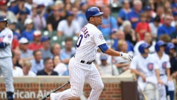 Jun 22, 2016; Chicago, IL, USA; Chicago Cubs catcher Willson Contreras (40) hits a two run home run during the seventh inning against the St. Louis Cardinals at Wrigley Field. Mandatory Credit: Patrick Gorski-USA TODAY Sports