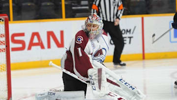 Mar 28, 2016; Nashville, TN, USA; Colorado Avalanche goalie Semyon Varlamov (1) makes a save during the first period against the Nashville Predators at Bridgestone Arena. Mandatory Credit: Christopher Hanewinckel-USA TODAY Sports