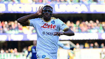 Napoli's Nigerian forward Victor Osimhen celebrates after scoring his second goal during the Italian Serie A football match between Hellas Verona and Napoli on March 13, 2022 at the Marcantonio-Bentegodi stadium in Verona. (Photo by Miguel MEDINA / AFP) (Photo by MIGUEL MEDINA/AFP via Getty Images)