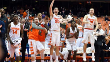 Dec 22, 2015; Syracuse, NY, USA; Syracuse Orange players react on the bench to a made basket by guard Ky Feldman (not pictured) against the Montana State Bobcats during the second half at the Carrier Dome. Syracuse won 82-60. Mandatory Credit: Rich Barnes-USA TODAY Sports