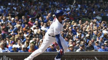 CHICAGO, ILLINOIS - SEPTEMBER 15: Kris Bryant #17 of the Chicago Cubs hits a three-run home run against the Pittsburgh Pirates during the first inning at Wrigley Field on September 15, 2019 in Chicago, Illinois. (Photo by David Banks/Getty Images)