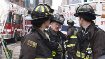 CHICAGO FIRE -- "Red Waterfall" Episode 1122 -- Pictured: (l-r) Miranda Rae Mayo as Stella Kidd, Christian Stolte as Randy “Mouch” McHolland, Jake Lockett as Carver -- (Photo by: Adrian S Burrows Sr/NBC)