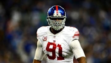 Dec 22, 2013; Detroit, MI, USA; New York Giants defensive end Justin Tuck (91) against the Detroit Lions at Ford Field. Mandatory Credit: Andrew Weber-USA TODAY Sports