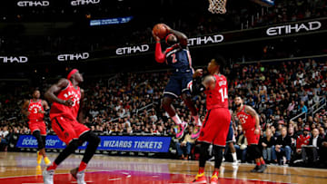 WASHINGTON, DC - OCTOBER 20: John Wall #2 of the Washington Wizards shoots the ball against the Toronto Raptors on October 20, 2018 at Capital One Arena in Washington, DC. NOTE TO USER: User expressly acknowledges and agrees that, by downloading and/or using this photograph, user is consenting to the terms and conditions of the Getty Images License Agreement. Mandatory Copyright Notice: Copyright 2018 NBAE (Photo by Stephen Gosling/NBAE via Getty Images)