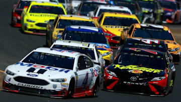 SONOMA, CA - JUNE 24: Kevin Harvick, driver of the #4 Mobil 1 Ford, leads a pack of cars during the Monster Energy NASCAR Cup Series Toyota/Save Mart 350 at Sonoma Raceway on June 24, 2018 in Sonoma, California. (Photo by Sean Gardner/Getty Images)