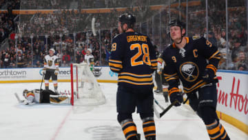 BUFFALO, NY - JANUARY 14: Jack Eichel #9 of the Buffalo Sabres scores a goal against Marc-Andre Fleury #29 of the Vegas Golden Knights during the third period of an NHL game on January 14, 2020 at KeyBank Center in Buffalo, New York. (Photo by Bill Wippert/NHLI via Getty Images)