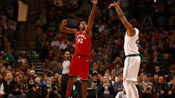 BOSTON, MA - NOVEMBER 12: Lucas Nogueira #92 of the Toronto Raptors attempts to block Al Horford #42 of the Boston Celtics during the third quarter of the game at TD Garden on November 12, 2017 in Boston, Massachusetts. NOTE TO USER: User expressly acknowledges and agrees that, by downloading and or using this photograph, User is consenting to the terms and conditions of the Getty Images License Agreement. (Photo by Omar Rawlings/Getty Images)