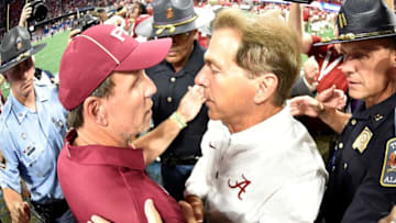ATLANTA, GA - SEPTEMBER 02: Head coach Nick Saban of the Alabama Crimson Tide speaks with head coach Jimbo Fisher of the Florida State Seminoles after their game at Mercedes-Benz Stadium on September 2, 2017 in Atlanta, Georgia. (Photo by Scott Cunningham/Getty Images)