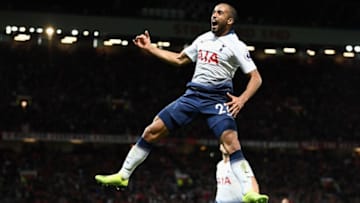 MANCHESTER, ENGLAND - AUGUST 27: Lucas Moura of Tottenham Hotspur celebrates after scoring his team's third goal during the Premier League match between Manchester United and Tottenham Hotspur at Old Trafford on August 27, 2018 in Manchester, United Kingdom. (Photo by Clive Mason/Getty Images)