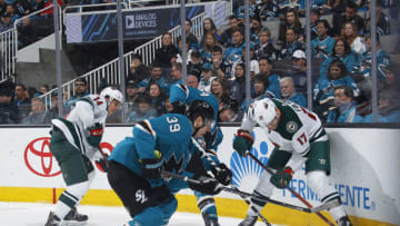SAN JOSE, CA - APRIL 07: Logan Couture #39 of the San Jose Sharks skates for the puck against Marcus Foligno #17 of the Minnesota Wild at SAP Center on April 7, 2018 in San Jose, California. (Photo by Rocky W. Widner/NHL/Getty Images) *** Local Caption *** Logan Couture; Marcus Foligno