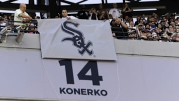 May 23, 2015; Chicago, IL, USA; The number of Paul Konerko is unveiled on a wall during the day that his number was retired at U.S Cellular Field. Mandatory Credit: Matt Marton-USA TODAY Sports