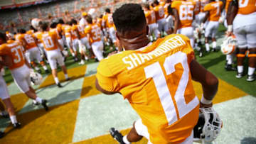 KNOXVILLE, TENNESSEE - SEPTEMBER 14: Shawn Shamburger #12 of the Tennessee Volunteers celebrates on the field after defeating the Chattanooga Mockingbirds at Neyland Stadium on September 14, 2019 in Knoxville, Tennessee. (Photo by Silas Walker/Getty Images)