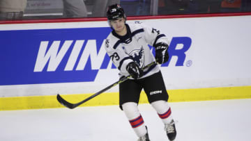 Jan 25, 2023; Langley, BC, CANADA; CHL Top Prospects team white forward Ethan Gauthier (79) warms up in the CHL Top Prospects ice hockey game at Langley Events Centre. Mandatory Credit: Anne-Marie Sorvin-USA TODAY Sports