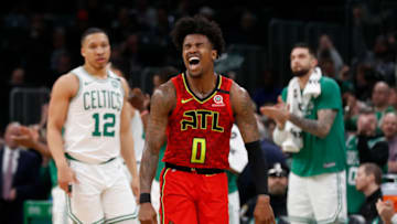 Feb 7, 2020; Boston, Massachusetts, USA; Atlanta Hawks guard Brandon Goodwin (0) reacts to missing the tying basket with less than five seconds to go during the fourth quarter of their loss to the Boston Celtics at TD Garden. Mandatory Credit: Winslow Townson-USA TODAY Sports