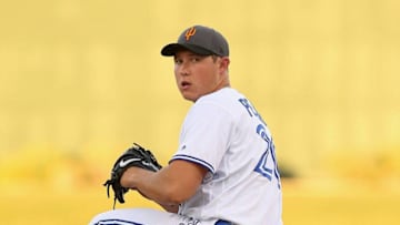 Starting pitcher AFL West All-Star, Nate Pearson #20 of the Toronto Blue Jays throws a warm-up pitch during the Arizona Fall League All Star Game at Surprise Stadium on November 3, 2018 in Surprise, Arizona. (Photo by Christian Petersen/Getty Images)
