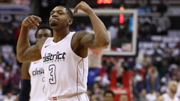WASHINGTON, DC - APRIL 27: Bradley Beal #3 of the Washington Wizards reacts against the Toronto Raptors in the first half during Game Six of Round One of the 2018 NBA Playoffs at Capital One Arena on April 27, 2018 in Washington, DC. NOTE TO USER: User expressly acknowledges and agrees that, by downloading and or using this photograph, User is consenting to the terms and conditions of the Getty Images License Agreement. (Photo by Patrick Smith/Getty Images)