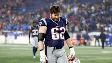 Jan 4, 2020; Foxborough, Massachusetts, USA; New England Patriots offensive guard Joe Thuney (62) walks off of the field after a loss to the Tennessee Titans at Gillette Stadium. Mandatory Credit: Greg M. Cooper-USA TODAY Sports