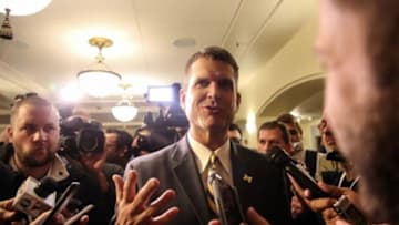 Feb 3, 2015; Detroit, MI, USA; Michigan Wolverines head coach Jim Harbaugh speaks to the media during the special event, "Signing of the Stars," at Hill Auditorium. Mandatory Credit: Kimberly P. Mitchell/Detroit Free Press via USA TODAY NETWORK