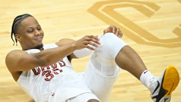 Apr 15, 2023; Cleveland, Ohio, USA; Cleveland Cavaliers forward Isaac Okoro (35) reacts against the New York Knicks in the second quarter of game one of the 2023 NBA playoffs at Rocket Mortgage FieldHouse. Mandatory Credit: David Richard-USA TODAY Sports