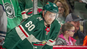 ST. PAUL, MN - APRIL 2: Carson Soucy #60 of the Minnesota Wild warms up prior to the game against the Edmonton Oilers at the Xcel Energy Center on April 2, 2018 in St. Paul, Minnesota. (Photo by Bruce Kluckhohn/NHLI via Getty Images)