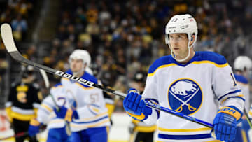 PITTSBURGH, PENNSYLVANIA - DECEMBER 17: Mark Pysyk #13 of the Buffalo Sabres looks on during the third period of a game against the Pittsburgh Penguins at PPG PAINTS Arena on December 17, 2021 in Pittsburgh, Pennsylvania. (Photo by Emilee Chinn/Getty Images)